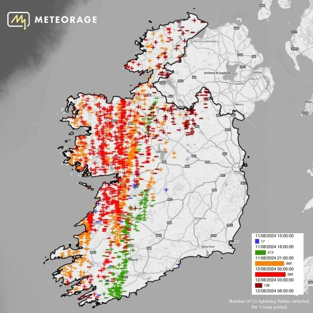 Map of CG lightning Flashes, August 11-12, 2024 Ireland, METEORAGE