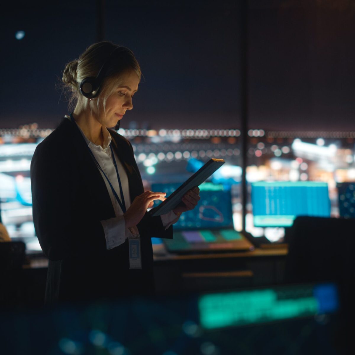 Caucasian,Female,Air,Traffic,Controller,Working,On,Tablet,In,Airport